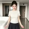 Camiseta de punto de seda de hielo blanca con lazo hueco estilo coreano para mujer, top corto ajustado de chica caliente de verano