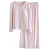 Pijama con Almohadillas para el Pecho para Mujer, Algodón Puro, Primavera y Otoño, Delgado, Holgado, de Manga Larga, Pantalón Largo, Sencillo, Se Puede Usar Afuera, Ropa para el Hogar, Conjunto de Dos Piezas