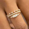 Novo conjunto de anéis de zircônia artificial banhado a ouro e cobre com 3 peças, anel nobre de princesa para noivado, aniversário, joia de luxo