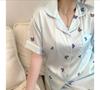 Pijama de Seda de Verão de Alta Qualidade Transfronteiriço Feminino Estilo Doce e Bonito Borboleta Estampada Manga Curta Calças Roupas de Casa Suporte para Cabelo