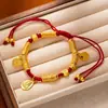 Nuevo Pulsera Enrollada Estilo Chino, Pulsera Tejida a Mano, Pulsera Roja con Colgante Redondo Dorado Arena de Estilo Antiguo de Alta Gama, Dios de la Riqueza