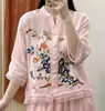 Novas Blusas de Algodão e Linho Estilo Chinês para Mulheres, Camisas Artísticas Retrô Bordadas de Algodão e Linho para o Verão, Camisas de Algodão e Linho de Manga Três Quartos para o Verão