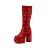 Botas de moda com estampa de leopardo bico quadrado zíper lateral cano médio Botas de cavaleiro plataforma dupla salto alto grosso 40-50 botas de comércio exterior