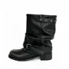 Botas femininas de couro 2026 novo estilo botas de cano largo de salto médio para mulheres botas de tornozelo plissadas emagrecedoras botas curtas pretas