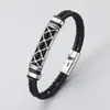 Moda Europeia e Americana Pulseira Masculina Pulseira Trançada de Corda de Couro Dupla Camada Pulseira com Fivela Magnética Padrão de Malha Recortada em Aço Titânio