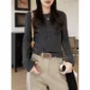 Camiseta de Manga Larga con Cuello Henley y Media Botonadura Talla Grande para Mujer Otoño Nuevo Adelgazante Favorecedor Elegante Casual Versátil