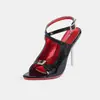 Producto nuevo de verano transfronterizo: Sandalias de punta abierta de charol negro con tacones altos finos y diseño hueco, talla grande para mujer al por mayor
