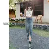 Falda Larga de Mezclilla con Abertura de Cintura Alta para Mujer 2025 Nuevo Verano Midi Forma A Cadera Pequeña Forma de Pera