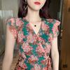 Vestido Longo Plissado Cauda de Peixe com Estampa Floral e Mangas Vazadas, Decote V, Chiffon, Moda Feminina Transfronteiriça Nova Verão 3942