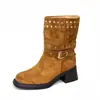 Botas curtas retrô com salto grosso e rebites para mulheres, de cano médio com fivela de cinto, botas western cowboy em camurça, novas botas de outono e inverno de tamanho grande