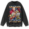 Sudadera de cuello redondo con estampado de dibujos animados de anime japonés clásico One Punch Superman de gran tamaño de High Street, lavada con batik directo Jet