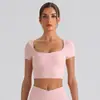 Top de Yoga Cruzado de Cuello Cuadrado de Manga Corta para Mujer con Almohadillas en el Pecho, Camiseta de Fitness, Top Deportivo Casual Diario para Exteriores