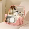 Bolsa de maquiagem grande com divisórias, bolsa de armazenamento de viagem portátil com espelho, necessaire à prova d'água multifuncional para mulheres