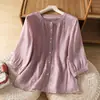 Foto Real de Camisa Bordada de Algodón y Lino Estilo Vintage Manga Media Rosa Suave Elegante para Mujer, Top Artístico