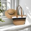Sombrero de Paja Transfronterizo Bolso de Paja Set de Dos Piezas Sombrero para el Sol Gran Capacidad Bolso Tote Rayado Bolso de Hombro Bolso de Playa Tienda de Fábrica