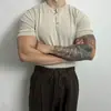 Camisa de Tricô Masculina de Manga Curta com Gola Henry, Verão, Seda Gelada, Respirável, Slim Fit, Realça Músculos, Business, Atacado Transfronteiriço Europeu e Americano