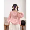 Camisa Feminina de Algodão e Linho Cor Sólida Gola Redonda Mangas Bufantes Verão 2025 Solta Confortável