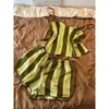 Pijama de rayas de bloques de color dulce estilo coreano con cuello en V de seda helada para mujer, conjunto de camisola y shorts de verano de talla grande con sensación fresca para casa