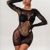 Lingerie Sexy Europeia e Americana para Mulheres, Macacão Sexy Retrô Jacquard de Manga Comprida, Tentação Vazada, Não Precisa Tirar Saia de Quadril