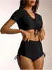 Traje de baño de dos piezas transfronterizo 2027, color liso, cordón, manga corta, cintura alta, estilo europeo y americano, venta al por mayor para Amazon, trajes de baño para mujer de comercio exterior
