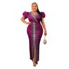 C6500 Aliexpress Amazon Moda Europea y Americana para Mujer Vestido de Falda Larga con Manga Abullonada de Diamantes Calientes Elástico con Cuello en V para Mujer