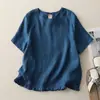 Novidade de Verão Estilo Redondo Algodão e Linho Manga Curta Tops, Artístico Retrô Solto Casual Curto Vazado Camisetas de Manga Curta para Mulheres