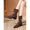 Botas Curtas de Salto Grosso Marrom 4cm para Mulheres Outono e Inverno Nova Moda Retro Bico Fino Botas de Cavaleiro Salto Médio Botas da Moda
