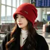 Gorro casual com barra dobrada e cordão para mulheres, outono e inverno, chapéu de tricô que afina o rosto, gorro liso de cor sólida para proteção das orelhas em clima frio