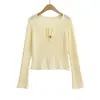 Top de Punto Hueco Manga Larga Sexy Transparente Cuello Redondo Color Albaricoque para Mujer, Delgado, Adelgazante, Capa Base