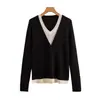 Estilo Novo de Outono Elegante Top de Seda e Lã Feminino Solto Manga Longa Casual Malha Camada Base Gola V Falso Duas Peças Suéter de Lã