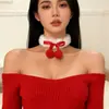 Gargantilla Dulce y Linda de Año Nuevo y Navidad Collar de Felpa Blanca para Mujer Collar para Clavícula con Bola de Pelo Roja y Lazo