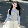 Conjunto Estilo Escolar para Niños Grandes Moda Primavera y Otoño Top de Manga Larga Falso Dos Piezas Falda Dulce con Lazo Conjunto de Dos Piezas