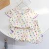 Pijama Infantil Verão Fino Manga Curta Shorts Manga Curta Algodão Puro Roupas para Ar Condicionado Meninas Estilo Coreano Floral Roupas de Casa conjunto