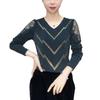 Camiseta de Fondo de Cuello en V Primavera y Otoño 2025 para Mujer, Nueva Moda, Top Delgado con Diamantes de Imitación Calientes, Ajustado, Elástico, Camiseta de Mamá