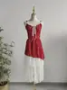 Vestido Floral Francês com Alças Finas Verão Renda Patchwork Irregular Camadas Vestido de Comprimento Médio Vestido Floral com Alças Finas