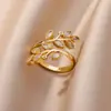 Anillo Abierto de Diseño Minimalista y Fresco Estilo Ins con Forma de Rama de Hoja y Flor, Anillo de Zirconia, Anillo Abierto Ajustable