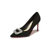 9169C-231 Camurça strass fivela quadrada sola vermelha rasa elegante para trabalho banquete vestido de noite sapatos femininos