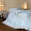 Juego de Cama Retro Americano de Pana Cuatro Piezas Otoño e Invierno Espesado Cubreduvet de Leche Sábana Ajustada de Franela Faldón de Cama Ropa de Cama