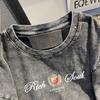 Camiseta de manga corta lavada retro estilo americano para hombre y mujer, estilo holgado, de moda, para verano