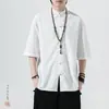 Camisa Masculina de Linho com Fivela Manga Curta Estilo Chinês Verão Masculina Meia-manga Traje Tang Estilo Antigo Algodão e Linho Hanfu Terno Zhongshan Chinês