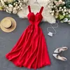 2026 Nuevo Diseño Elegante Vestido Largo de Color Sólido Retro con Escote en V Espalda Descubierta Ceñido a la Cintura Adelgazante para Mujer