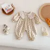 Romper Floral Novo para Bebê Menina Primavera e Outono Body de Manga Longa Estilo Coreano com Gola de Boneca Roupa Doce para Engatinhar Bebê Roupa Externa