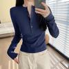 Camiseta de Cor Sólida com Gola Meia-Aberta e Manga Longa para Mulheres 2026, Top Curto Chic de Alta Qualidade com Corte Slim