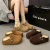 Zapatos tipo Birkenstock con suela gruesa y tacón oculto, con pantuflas de media punta cerradas de felpa para mujer, para usar en exteriores, nuevo estilo 2026, pantuflas de algodón con pelo retro de invierno