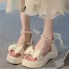 Sandalias de Vacaciones de Princesa Estilo Coreano para Mujer Verano 2025 Nuevo Lazo Suela Gruesa Estilo Hada con Falda Zapatos Romanos