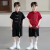 Nuevo Conjunto de Verano para Niños Estilo Nuevo Chino Hanfu con Camisa de Manga Corta Abotonada y Pantalones Cortos, Atuendo Casual de Estilo Nacional para Niños