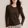 Outono 2026 Novo Camiseta Básica de Lã Tencel Camada Interna de Seda Gola Redonda Branca Manga Longa Blusa Lisa Feminina