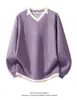 Marca de moda americana Sudadera Falsa de Dos Piezas para Hombre Otoño Nuevo Color Bloque Cuello en V Jersey de Punto Holgado Manga Larga Camiseta