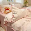 Conjunto de quatro peças de gaze dupla 100% algodão Classe A para aeróbica com costura triangular e bordas festonadas, lençol 100% algodão puro, lençol com elástico, conjunto de cama 1
