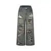 Jeans vintage rasgado com aspecto desgastado para mulheres, calças largas de cintura alta estilo americano para o verão, calças retas de corte justo, lavadas, compridas até o chão